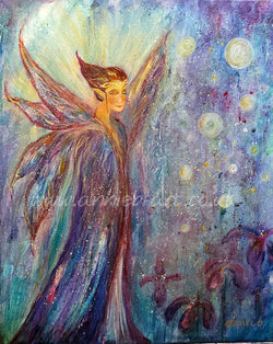 The magical faery light being comes as a gift to us all to help us see we are all part of the whole- part of the divine magic. Her name is Ataya

Original mixed media painting in purples pinks and gold colours. Faery. whimsical. divine nature spirit