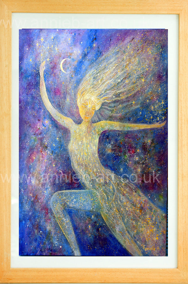 This magical Goddess of starlight dances through the cosmos amongst the stars spreading her love and light reminding us we are all made up of stars and are source energy- Recognise your true divine soul in her light... xx&nbsp; I saw this magical image in a meditation of pure love frequency  &nbsp;  Portrait fine art print available with two options to choose from: