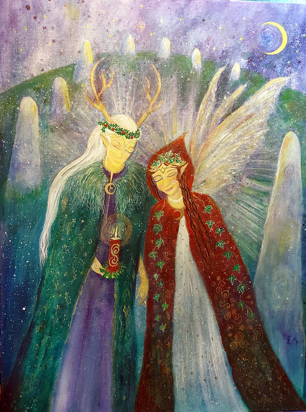 The Holly King holds hands with the Ivy Queen within a stone circle under a new moon as they welcome in the light at the Winter Solstice. A celebration of Yule of love and hope. painting by annie b;