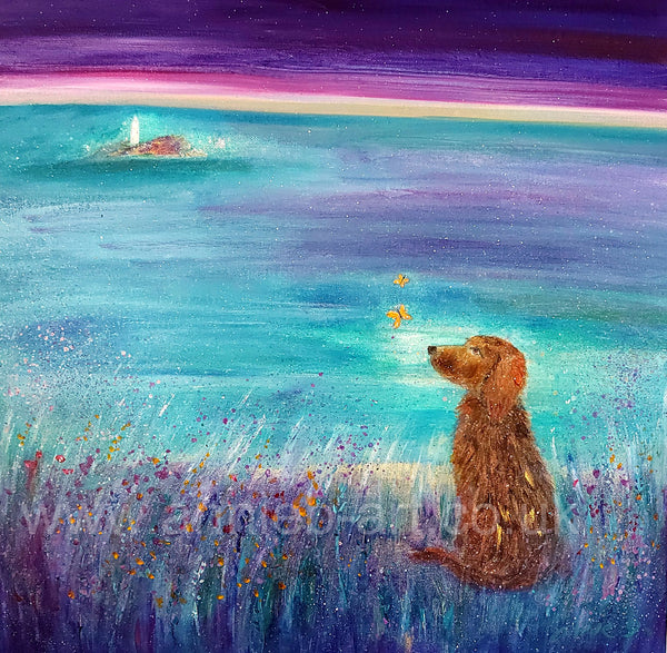 This magical painting by Cornish artist annie b. depicts a&nbsp;beautiful dog watching butterflies in the wild flowers on the sandy shore at Godrevy beach Cornwall   A mixed medium painting on&nbsp;deep edge boxed canvas ready for your walls to uplift any space in your home or workspace dog portrait. flatcoat retriever
