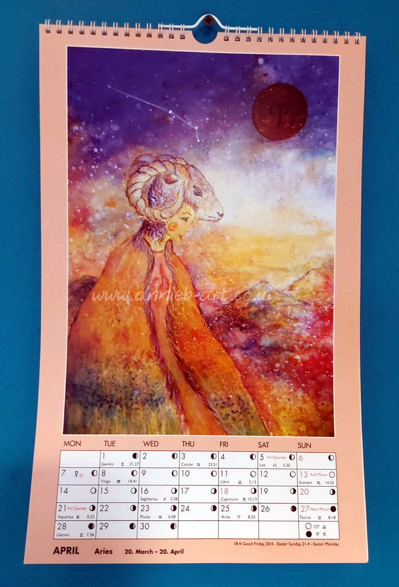 This new Moon Calendar is a wonderful collaboration with a Norwegian Astrologer,&nbsp; Christian Paaske.&nbsp; &nbsp;I am a water sign and so feel the moons energy very strongly so was overjoyed to bring my 12 Zodiac paintings and his Moon and zodiac guide into one place as a 2025 A3 wall calendar . Aries