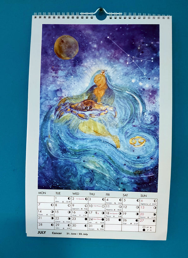 This new Moon Calendar is a wonderful collaboration with a Norwegian Astrologer,&nbsp; Christian Paaske.&nbsp; &nbsp;I am a water sign and so feel the moons energy very strongly so was overjoyed to bring my 12 Zodiac paintings and his Moon and zodiac guide into one place as a 2025 A3 wall calenda