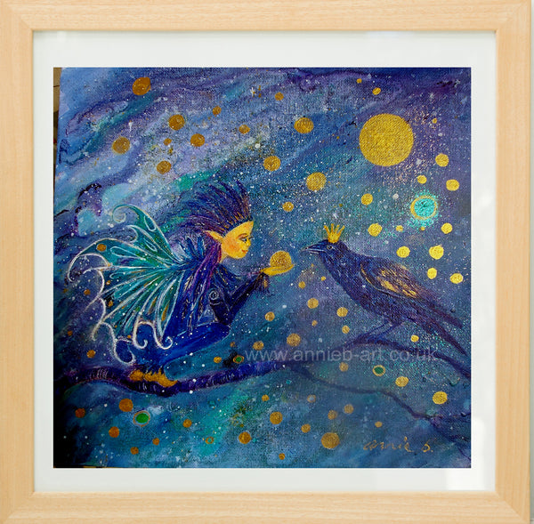 'The faery the raven and the golden orbs' ; hand finished giclee medium sized mounted and natural wood framed print. one off gift. 